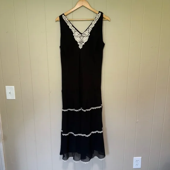 Women’s Vintage Y2K Black Dress 16W Midi Lace Tiered Cottagecore 90s - Picture 2 of 10